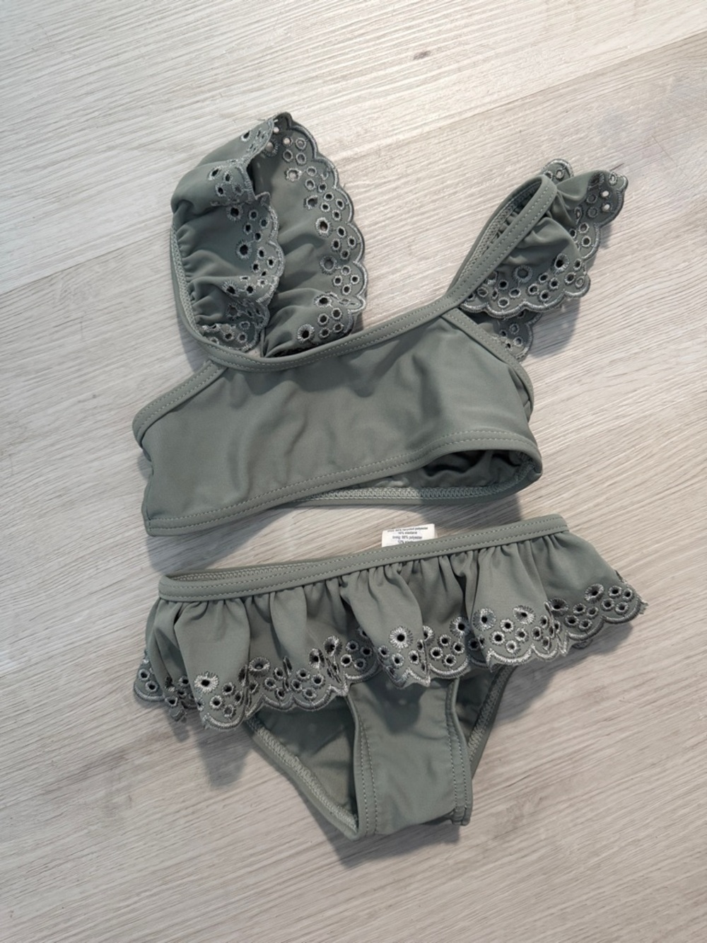 Rylee + Cru Olive Green Eyelet Ruffle Kids Bikini